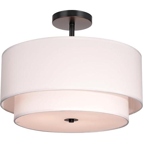 FRIDEKO HOME Flush Mount Ceiling Light-15.7 inch Light Fixtures Ceiling Mount Hallway Light Fixtures Ceiling with White 2-Layer Fabric Shade Drum Ceiling Lights for Bedroom Living Room Kitchen Foyer
