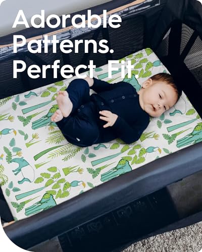 Image of Mini Crib Sheets Boy Girl, Ultra Soft Pack N Play Sheets Fitted, Neutral Pack and Play Mattress Sheets, Premium Jersey Knit Portable Crib Sheets, Secure and Cute, Elephant & Cartoon Safari