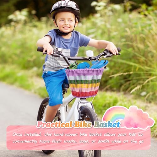 Spesh Kinder Fahrradkorb Vorne Geflochten Kinder Lenkerkorb mit 72 Stück Bunten Fahrradspeichen Dekorationen, Passend für 12-20 Zoll Kinderfahrräder(Regenbogen-A)