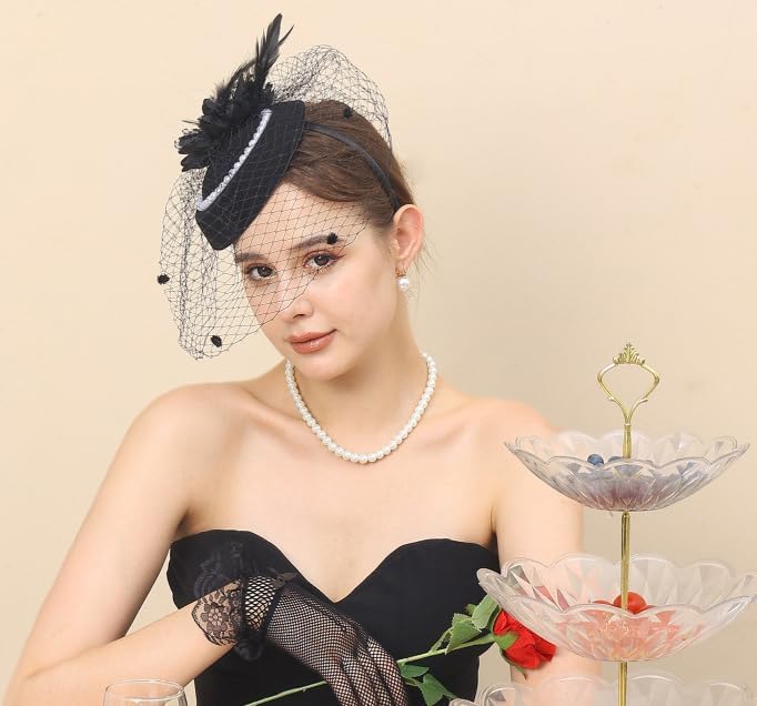 Women Fascinator-Hat with Veil - Vintage Tea-Party-Hat 20s Feather Pillbox-Hats for Cocktail Bridal Wedding - Image 5