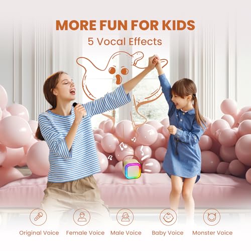 Karaoke Machine Kids 2 Microphones IROO - Mini Karaoke Machine Bluetooth with Voice Changing Effects - Girls Birthday Presents - Supports Smartphone/iPad/TF Card - Ideal for Kids Aged 3+ (Beige) - Image 4