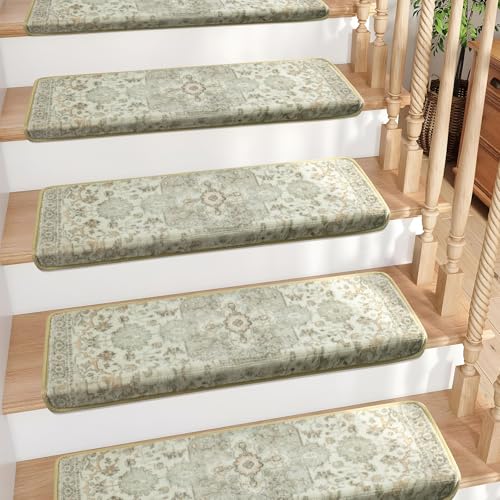 Brakki Bullnose Non-Slip Carpet Stair Treads in Grey Boho pattern