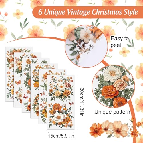 HICOHAND Rub on Transfers for Crafts 6 Sheets 15cmx30cm/5.91 * 11.81in Vintage Orange Floral Patterns Waterproof UV DTF Furniture Transfer Stickers for DIY Crafts Wood Glass Farbic - Image 2