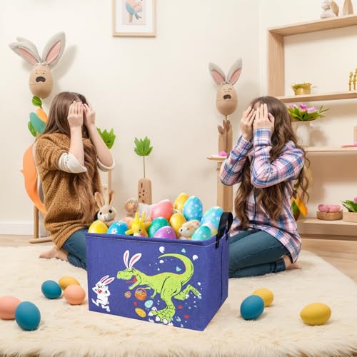 Image of Dinosaur Easter Basket for Kid Large Empty Baby Rectangular Cute Easter Gift Storage Basket Bunny Eggs Decor (Dinosaur Rabbit)