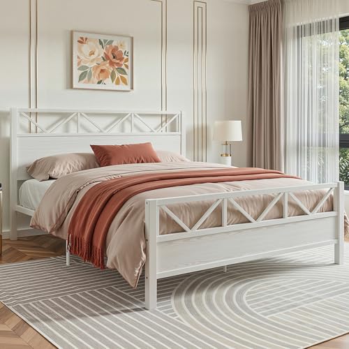 Image of LIKIMIO King Size Bed Frame, Tall Modern Headboard 51.2 inch, Platform Bed Frame with Strong Metal Support, Solid and Stable, Noise Free, No Box Spring Needed, Easy Assembly, White