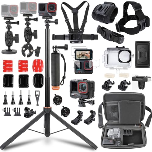PellKing Accessories Kit for Insta360 AcePro2 Carrying Case with Belt 135cm Selfie Stick Tripod Waterproof Housing Boder Frame Magnetic Handlebar Mount Qucik Release Clip 4 in 1 Body Mount