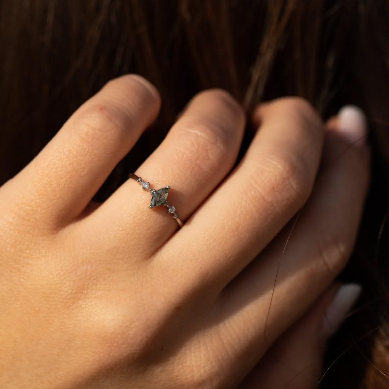 Dainty art deco marquise moss agate promise ring for her, Minimalist moss agate engagement ring, Gemstone ring,Birthstone ring,Birthday gift