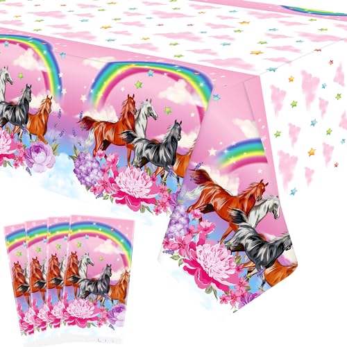 Obussgar 4-Piece Pink Horse Party Set - Rectangular Tablecloths, Decorations for Girls - 51 x 86 Inch