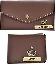 Personalised Brown Leather Wallet and Clutch Set with Name Engraving, Crown and Camera Design