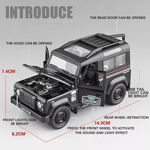 Image of Land Rover 90 Defender 3 Door Diecast Car Model 1:32 Scale | Metal Pull Back SUV Toy | Openable Doors Off Road | Birthday Gift for Kids (Colour as a per Stock)