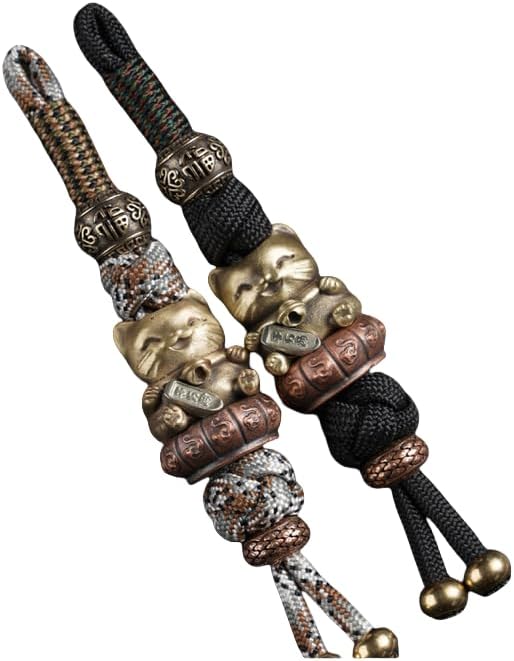ELYN Lucky Cat Knife Lanyard with Beads for EDC - Durable handmade paracord lanyard with vintage copper keychain image 3