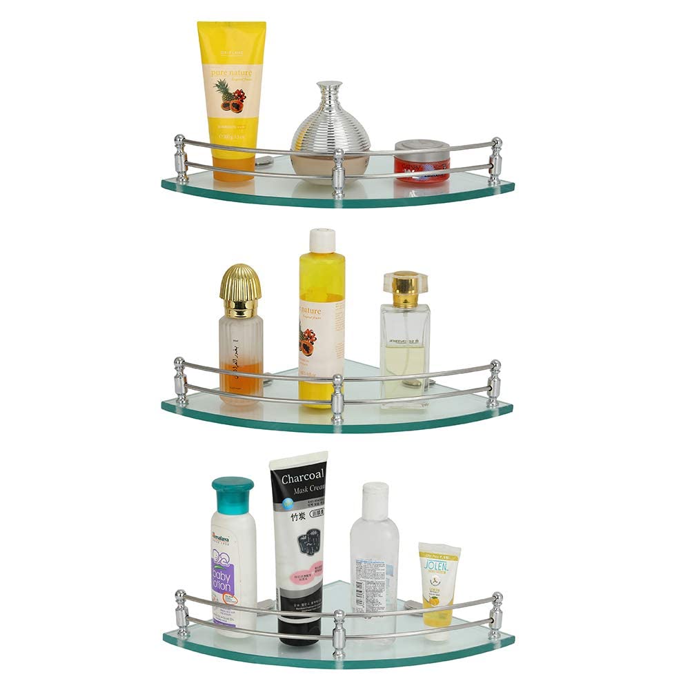 Epraiser 9 x 9 Inch Spacious Corner Glass Bathroom Shelf with Chrome Rail, Wall Mounted, Clear Tempered Glass Shelf/Rack Shelf (9x9 Inch, 1, Piece)-image-6