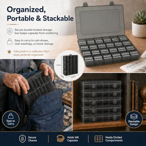 Image of FULLCASE Coin Capsules for Collectors, 168-Piece Storage Case,Fits 20-46mm | 6-Size Foam Gaskets,for Silver Dollars Eagles&Foreign Coins,Airtight Coin Storage Box,Organizer Collecting Supplies Grey