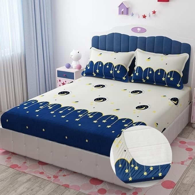 Image of Blue Strip 300 TC Cotton Feel Glace Cotton Elastic Fitted Printed King Size Double Bed Bedsheet with 2 Pillow Covers Fits Upto 9 Inches, Size- 72x78x10 Inches