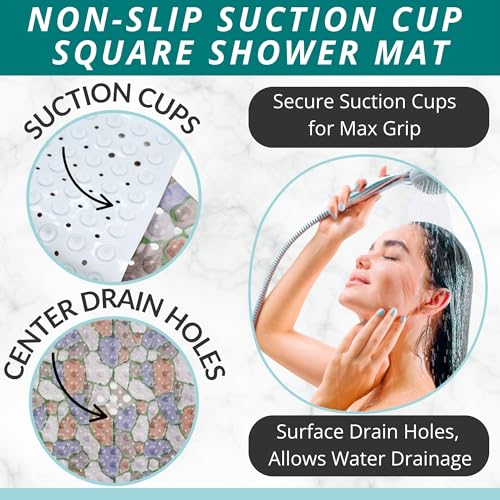 Image of ENKOSI Square Shower Mat 21x21 inch - Anti Slip Shower Stall Floor Mat - Non Slip Shower Mats with Strong Secure Suction Cups and Drain Holes in Middle (21x21 Stone Path)