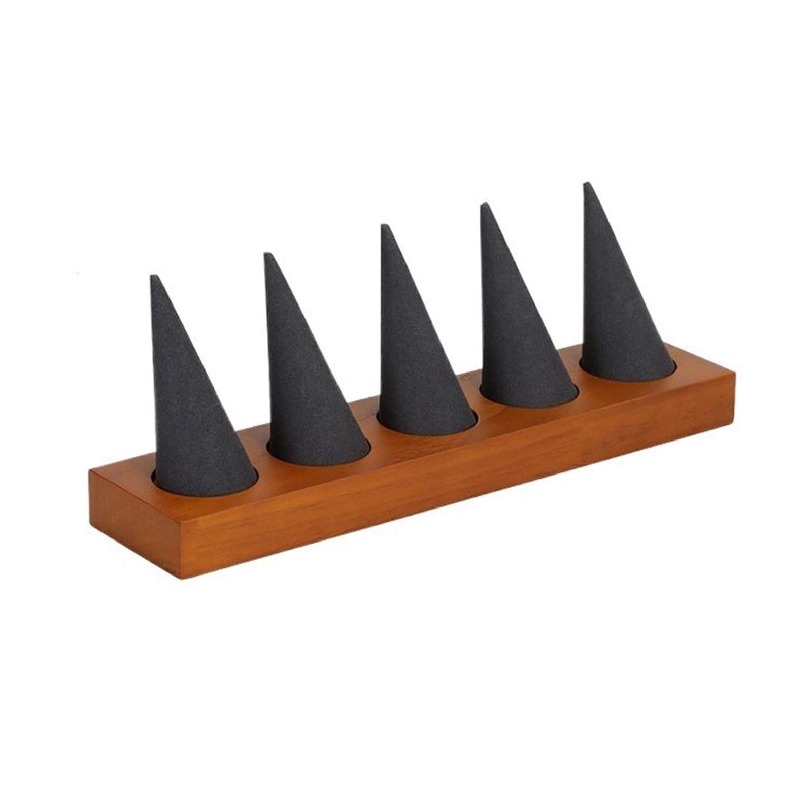 WANGHAI-666 Jewelry Rack Wooden Base Ring Holder with 5 Black Microfiber Cones for Jewelry Display