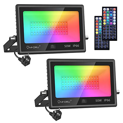 Onforu Lot de 2 RGB Projecteurs 50W, Dimmable LED Couleur Projecteurs avec 44-touches Télécommande, IP66 Étanche Éxtérieur RVB Spot Lampe avec 20 Couleurs, 6 Modes, Horaire pour Jardin Soirée Fête