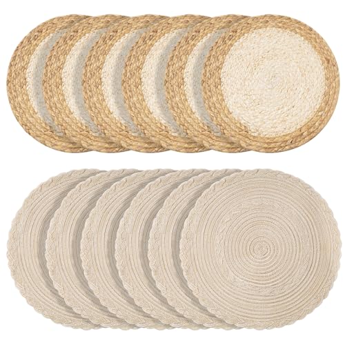 Handmade Round Boho Placemats Set of 6 | Natural Woven & Polyester Braided Combo Table Mats | 12-Piece Versatile Place Mats | Simple Rustic Farmhouse Style Dining Table Decor, Beige Bordered