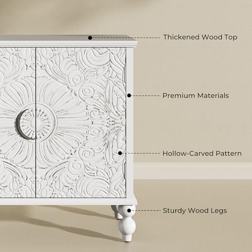 Furnivado Buffet Cabinet with Storage, Accent Cabinet with 2 Carved Doors, Solid Wood Sideboard with Adjustable Shelf, Vintage Cabinets for Kitchen, Living Room, Entryway, White - Thumbnail 5
