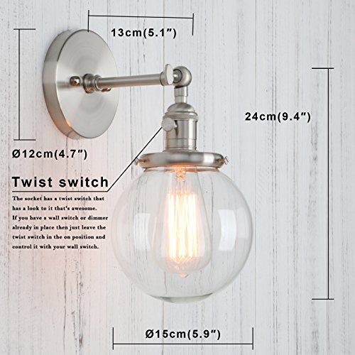 Permo Vintage Industrial Wall Sconce Lighting Fixture with Mini 5.9" Round Clear Glass Globe Hand Blown Shade (Brushed) - Thumbnail 2