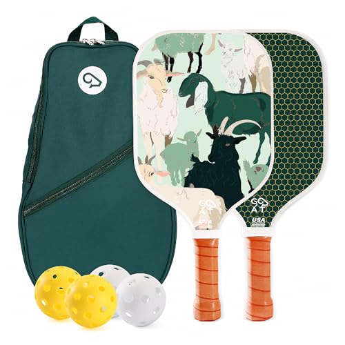 Goat Cute Pickleball Paddles Set of 2, Includes 4 Indoor & Outdoor Balls and Carry Bag, Lightweight Durable Fiberglass Pickleball Rackets Set for Men, Women & Beginners, Pickleball Gifts (Green)