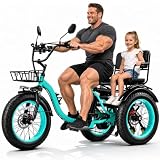 KAKIGO Elektro-Dreirad Für Erwachsene,Fat Tires Elektro-Dreirad,250W Motor,95 Nm,48V 18/10.4Ah Akku,20 Km/h, Vorder-&Hinterkorb,Differenzial,90/50Km Reichweite,Differential Türkis Zweisitzer-Version