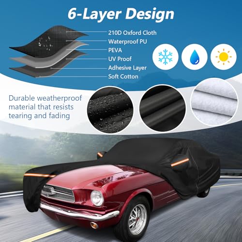Image of Car Cover for Ford Mustang 1964-1968, Waterproof 210D Oxford All Weather Full Car Cover Fits Classic First Gen Coupe Fastback Convertible, Windproof with Zipper & Reflective Strips, Black