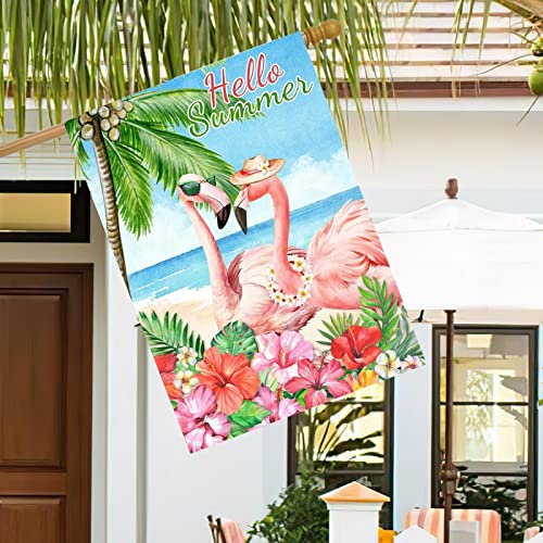 Pickako Hello Summer Flamingo Couple Garden Flag For Outside Decor 28X40 Double Sided Vertical, Summer Tropical Ocean Beach Garden Yard House Flags Seasonal Spring Summer Outdoor Decoration #TOP4