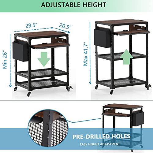 AV Cart, Presentation Cart Station, Wood Mobile Printer Cart, Height Adjustable Media Cart with Pullout Keyboard Tray for Office, Home & School