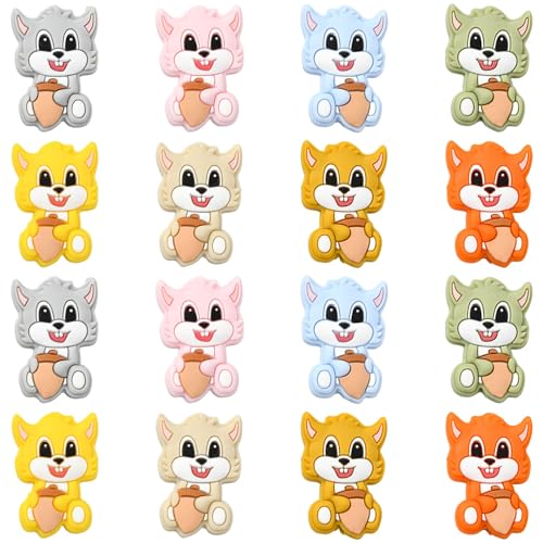 UR URLIFEHALL 16 Pcs 8 Styles Silicone Squirrel Beads Animal Silicone Focal Beads Rubber Spacer Loose Beads for Beadable Pens Jewellery Crafts