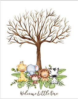 LNOKRIM Baby Shower Guest Book Fingerprint Tree Canvas, Jungle Safari Theme Gender Reveal Supplies, Personalized Alternative Guest Book,Fingerprint Guest Book