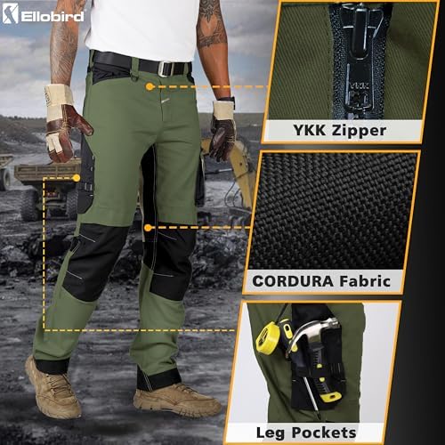 Ellobird Men's Construction Work Utility Pants Relaxed Fit Stretch Flex Cordura Double Knee Reinforcement Carpenter Cargo,(Olive,36W x 30L) — view 4