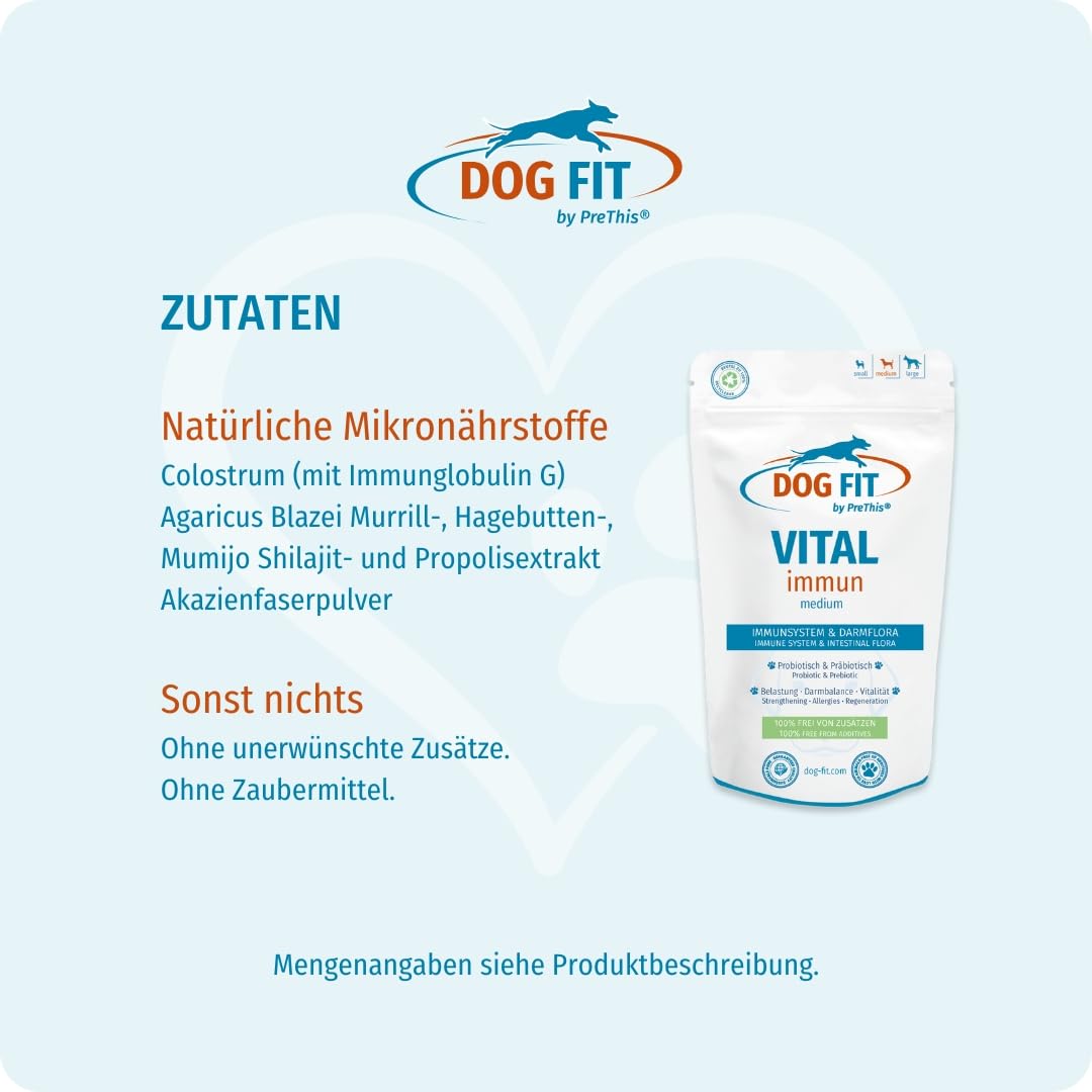 DOG FIT by PreThis® VITAL immun für Hunde I Mit Colostrum, Agaricus Blazei Murrill, Hagebuttenextrakt, Shilajit, Propolis I Ohne künstliche Zusätze I medium 10-25kg