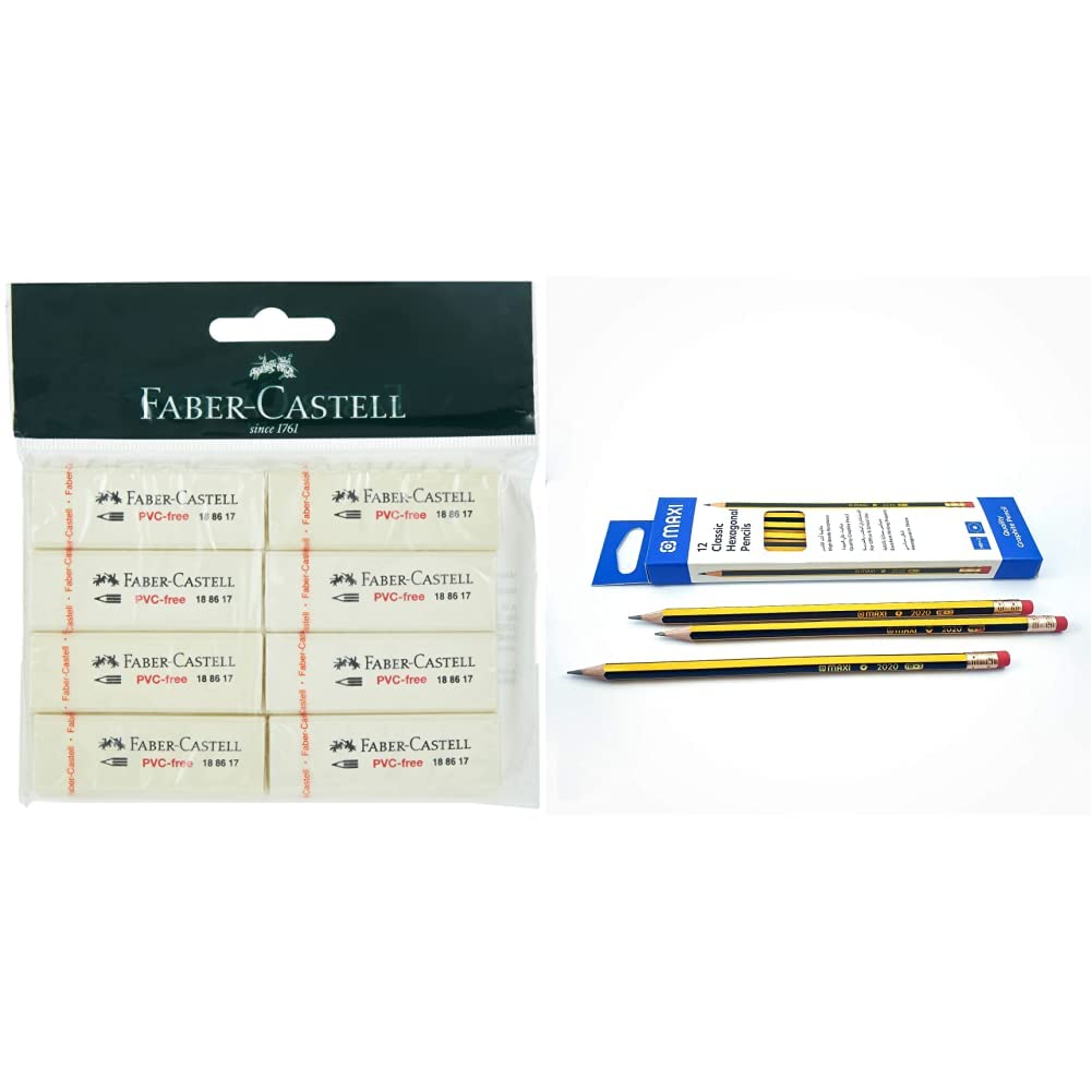 Faber-CastellPvc-Free Eraser Big Poly Bag Of 8Pc & Classic Hexagonal Graphite Pencil Hb With Rubber Tip, Box Of 12, Black