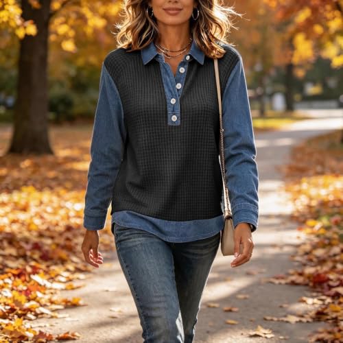Waffle Tops for Women Denim Patchwork Collared Button Fall Shirts - image 2