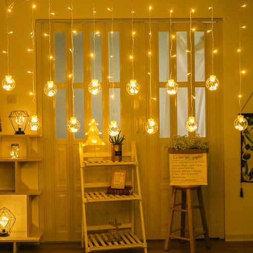Image of 12 Ball Wish Ball Curtain LED Diwali Lights 3 Meter String Lights Window Curtain Led Lights for Decoration with 8 Flashing Mode for Festival Home (6+6 Light, Warm White)