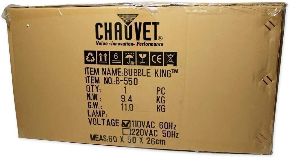 Shipping box label for Chauvet Bubble King B-550 showing item name, quantity, weights, voltage, and measurements