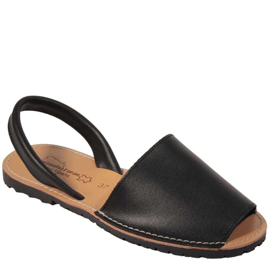 HECHO EN ESPAÑA Menorquina   Ibicencas   Sandalia de Verano de Piel Cuero… (Negro, 36)