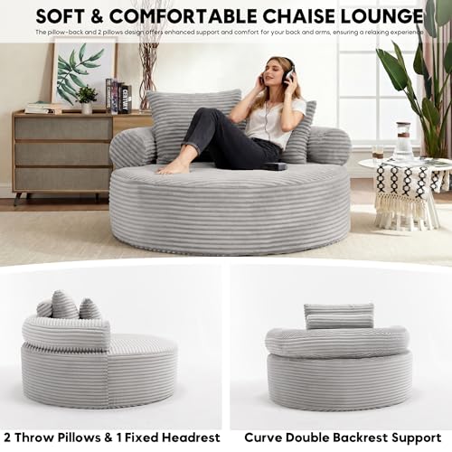 Image of Oversized Round Chair Lounge Chaise Indoor, 55.5 inch Upholstered Corduroy Deep Seat Single Cloud Sofa Chair, Fluffy Modern Large Circle Boneless Sleeper Sofa for Living Room, Bedroom, Light Grey