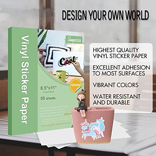 Premium Printable Vinyl Sticker Paper,Glossy White Self-Adhesive,Waterproof Decal Paper,Dries Quickly Vivid Colors,Tear Resistant - For Any Epson Hp Canon Sawgrass Inkjet & Laser Printer 50Sheet #TOP6