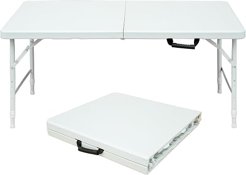 4 FT Folding Table with Carry Handle, Portable Fold-in-Half Plastic Table, Rectangle Foldable Table for Indoor/Outdoor White
