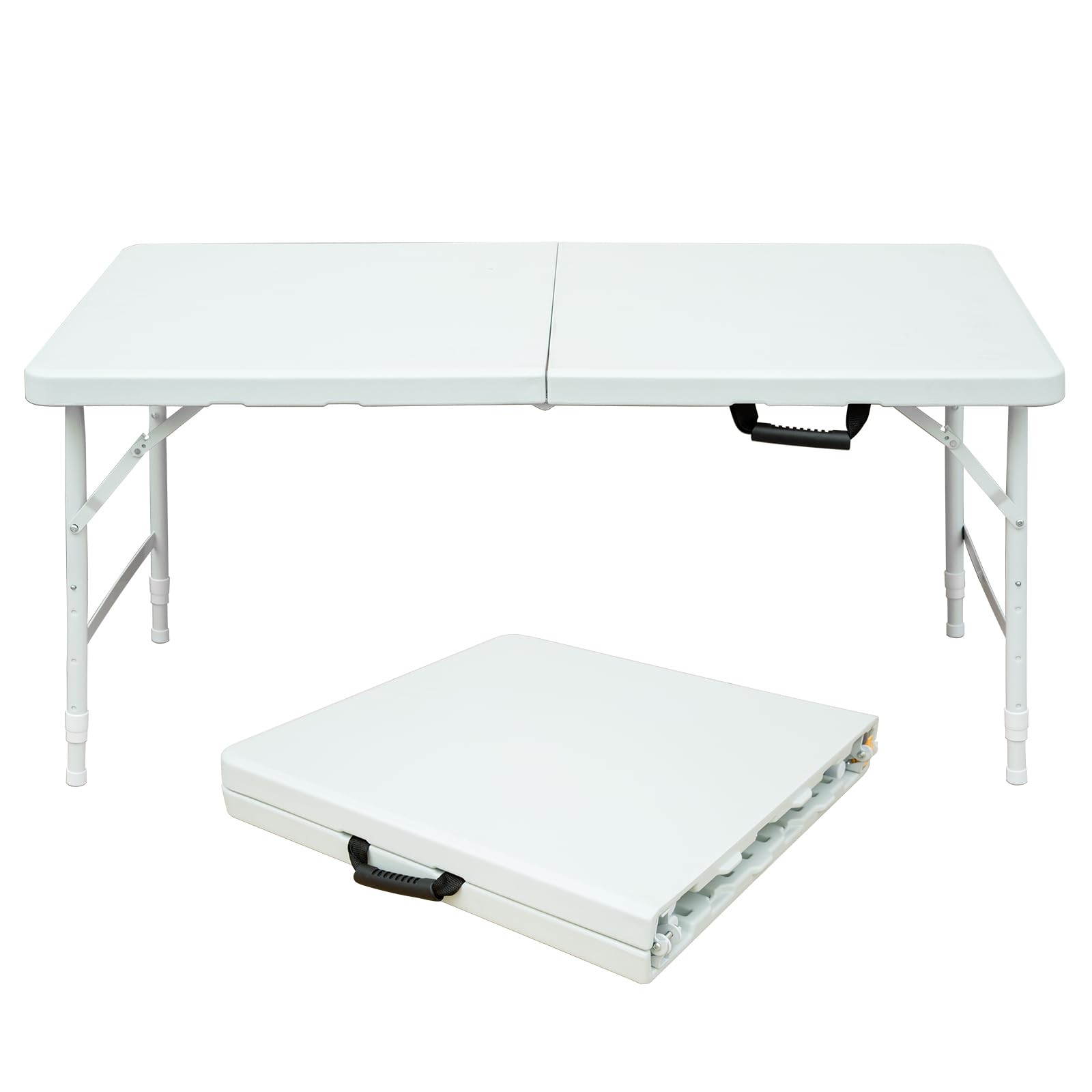 iCapeson Plastic Folding Table for Camping, 4FT Plastic Outdoor Picnic Table w/Handle, Adjustable Height Dining Table w/Leg Lock for Picnic Barbecues, Party, Camping, Patio, White