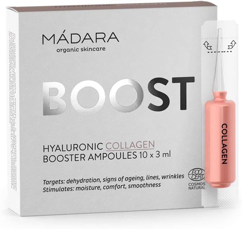 MÁDARA Organic Skincare |Hyaluronic Collagen Booster Ampoules - 3ml x10 pcs, Moisturising and collagen-boosting, With natural Hyaluronic Acid and water-binding plant sugars, Vegan, Ecocert certified