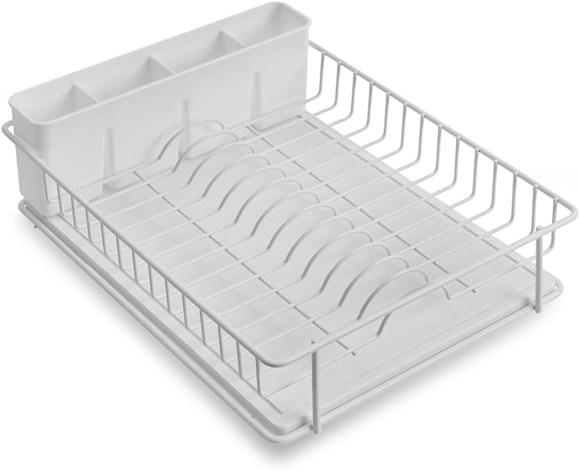 SunnyPoint 304 Stainless Steel Dish Drying Rack with Diatomaceous Earth Drainboard & Removable Utensil Caddy – Rust Resistant Countertop Dish Rack for Kitchen (White)