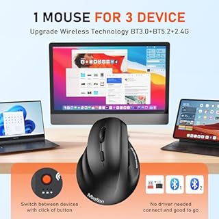 MEETION Left-Handed Ergonomic Mouse, Wireless Vertical RGB Rechargeable Mouse, Bluetooth(5.2 + 3.0) & USB-A with USB-C Adapter 4 Adjustable DPI Mice for Mac/Windows/PC/Tablet/iPad Black