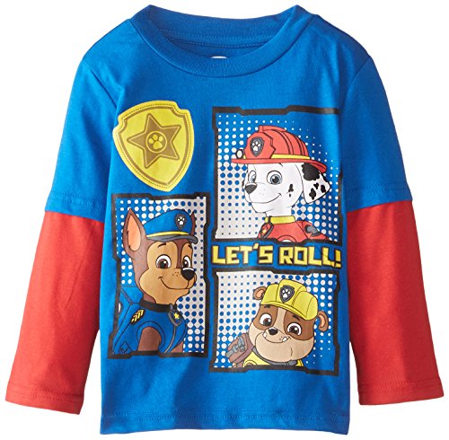 Paw Patrol Little Boys' Chase Marshall Rubble Let's Roll Two-Fer T-Shirt, Royal/Red, 2T