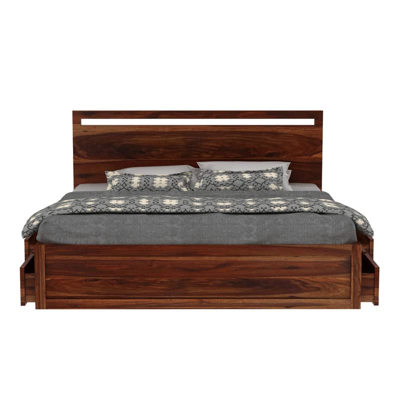 Image of Solid Sheesham Wood King Bed with Storage 4 Drawer Single Cut Design for Bedroom - Honey Finish