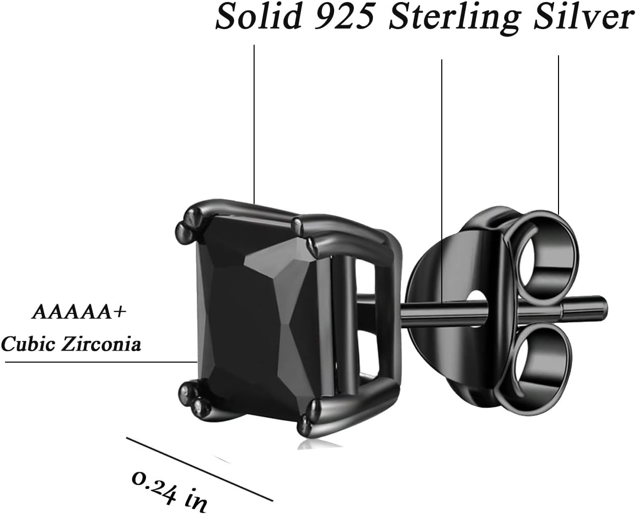925 Sterling Silver Black Stud Earrings for Women and Men, Solitaire Cubic Zirconia Round & Princess Cut Heart-Shaped, 6mm - Image 9
