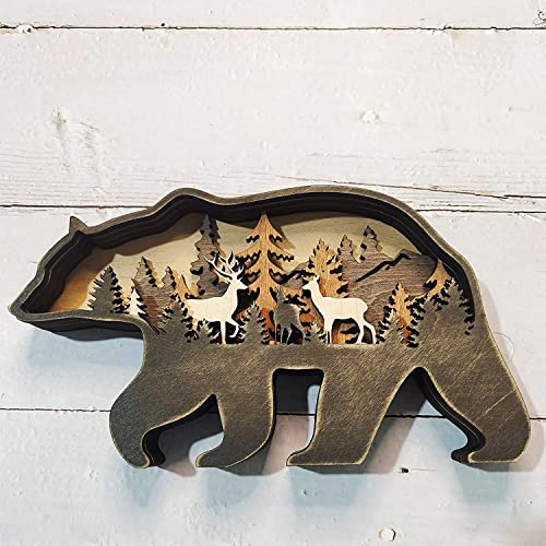 Idotodo Christmas Decor Bear And Mountains Layered Wooden Carved Ornament With Lights, Forest Animal Multi-Layered 3D Decor #TOP4