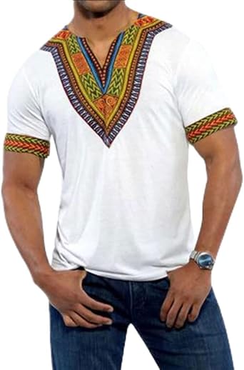 Mens African Dashiki Shirt V Neck Shirts Short Sleeve Traditional Tribal Floral Printed Blouse Fashion Pullover